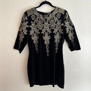 Black velvet mini dress with gold embroidery